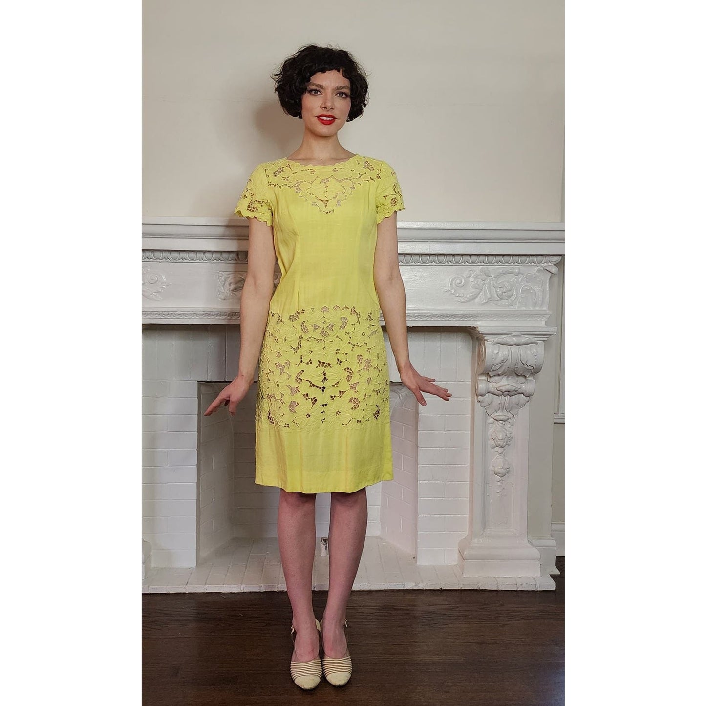 Vintage 60s Yellow Summer Dress Cut Lace 20s Style
