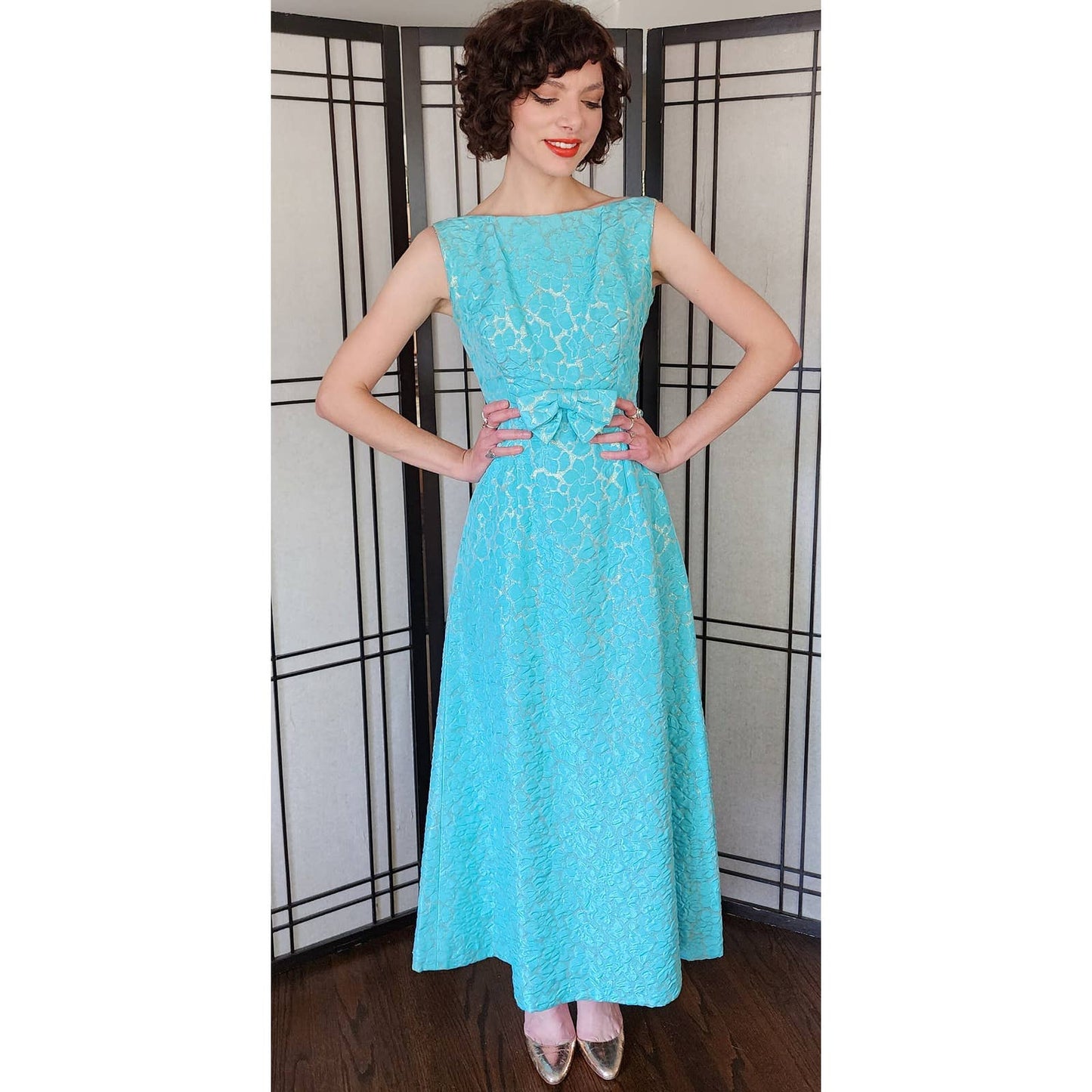 60s Party Dress Blue Gold Maxi Pebble Texture Sleeveless w/Bow / S