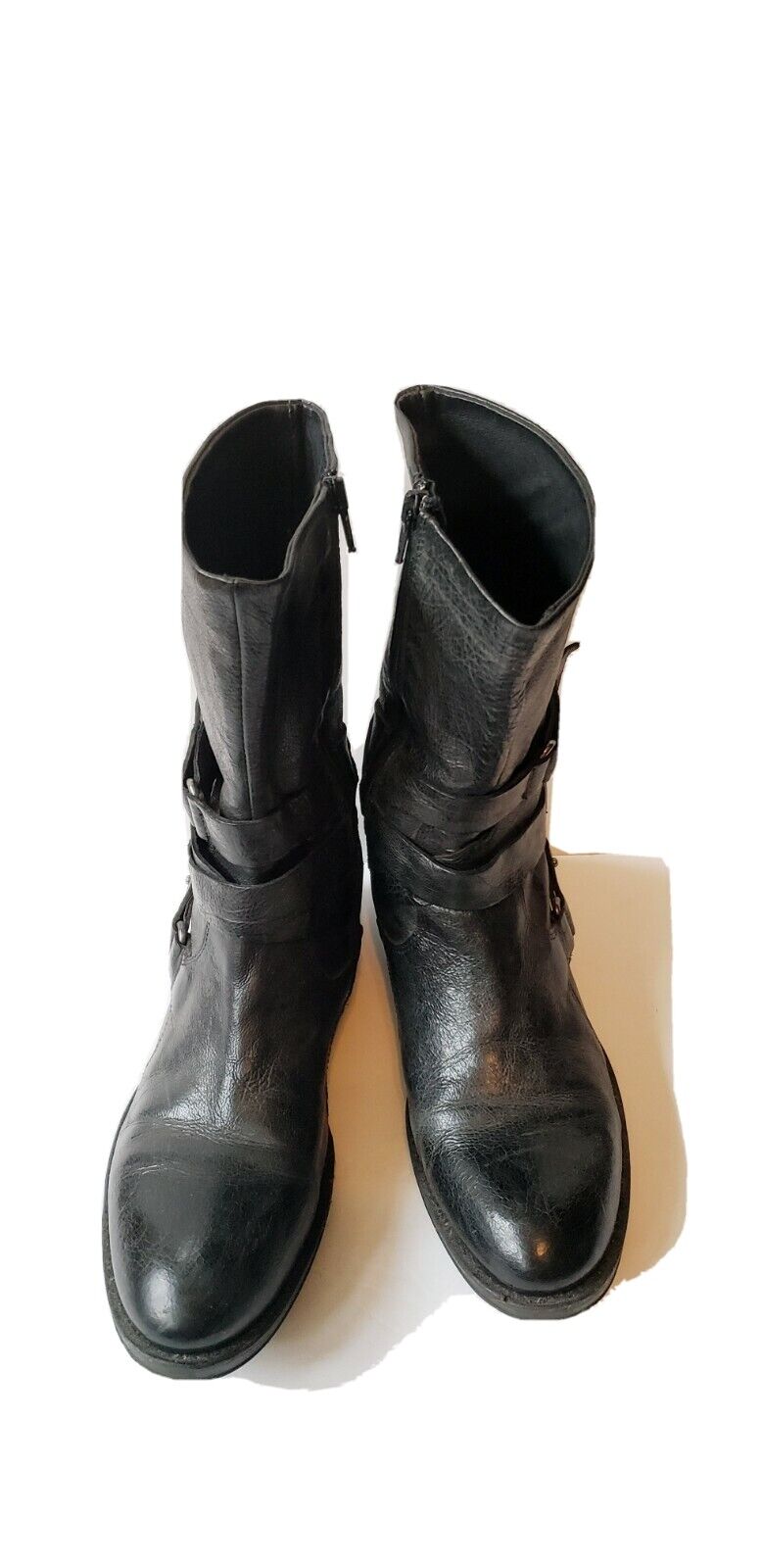 Vera Wang Lavender Black Leather Kippy Boots Buckle Straps Zipper 8 Mid Calf