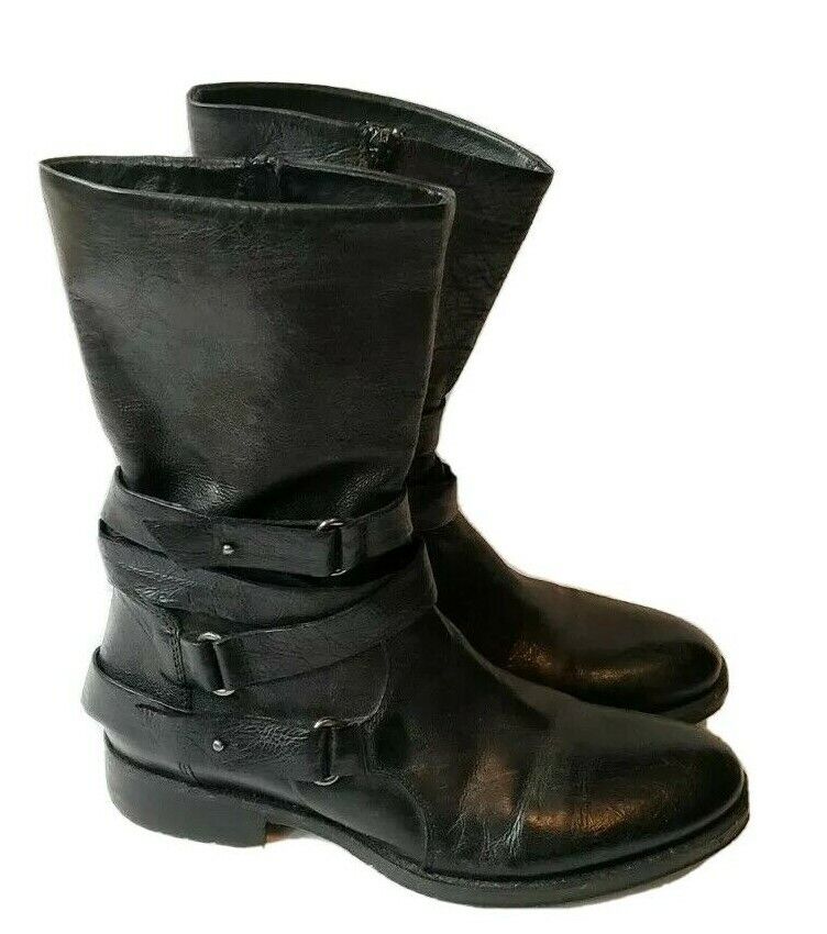 Vera Wang Lavender Black Leather Kippy Boots Buckle Straps Zipper 8 Mid Calf