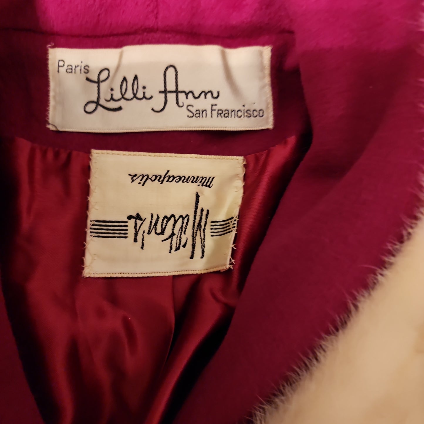 60s Lilli Ann Coat Fuschia Pink Wool White Mink Fur Collar A Line Large