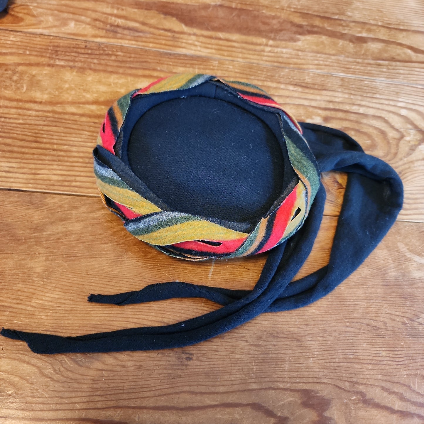 40s 50s Black Wool Scarf Panel Hat Colorful Twisted Braid Trim