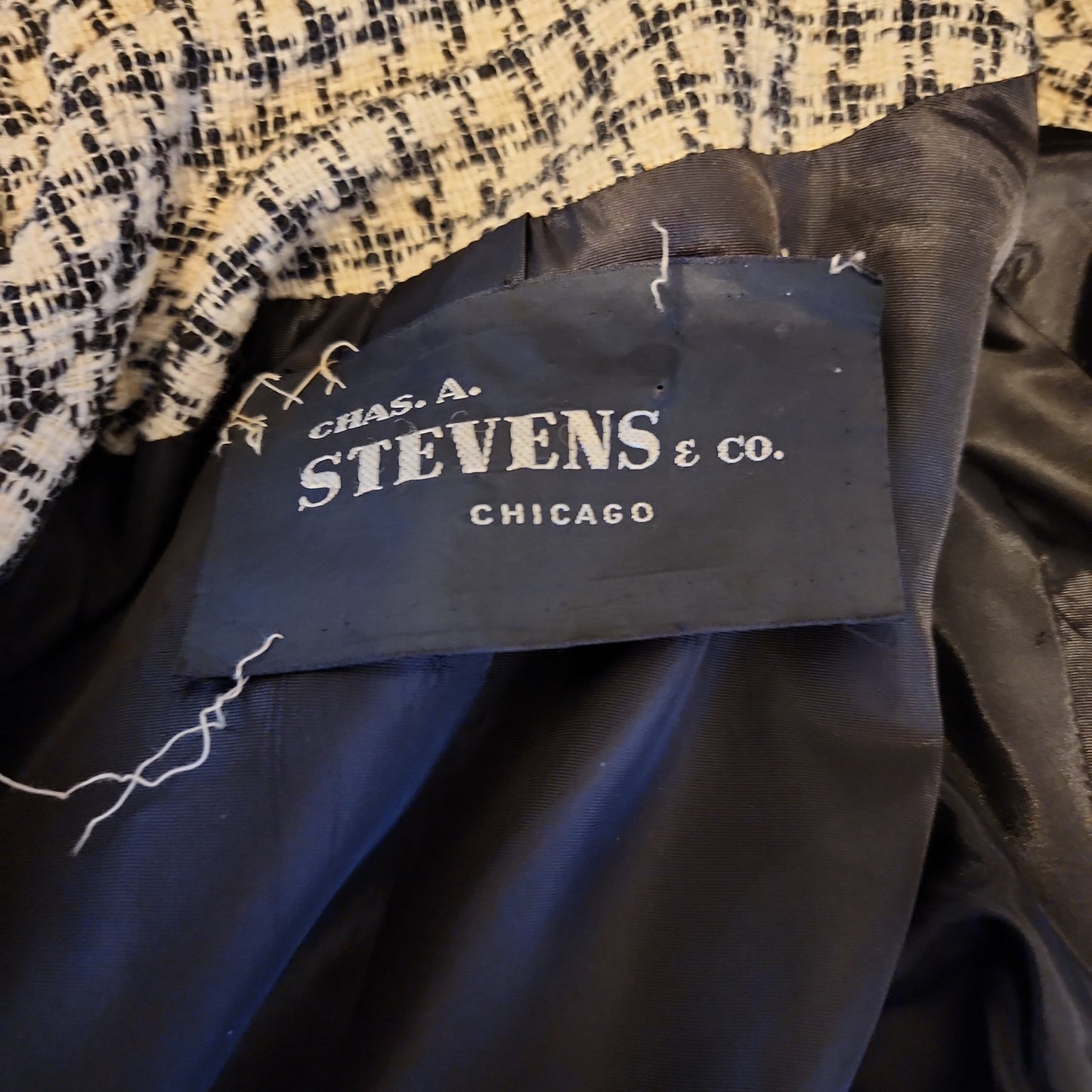 60s Houndstooth Coat Black & White Checked Print A Line by Chas A Stevens M