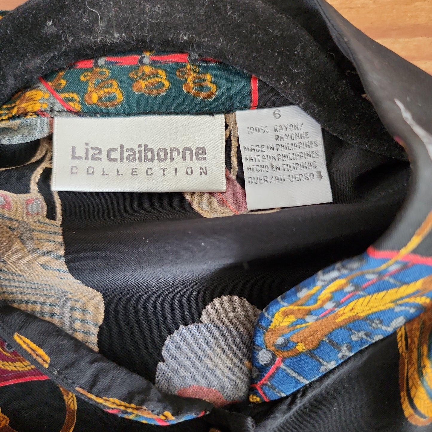 80s Liz Claiborne Long Sleeved Blouse Marching Band Print Dark Rayon M