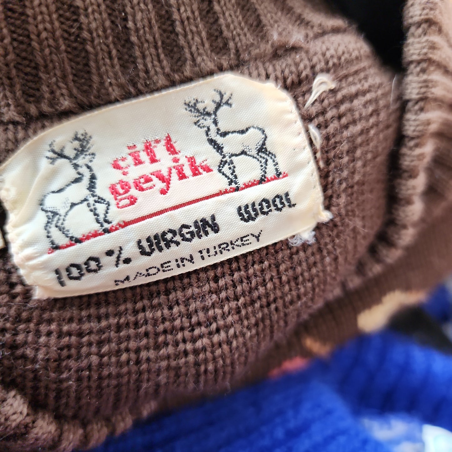 70s Wool Brown Sweater with Baroque Floral Print Cift Geyik Turkey