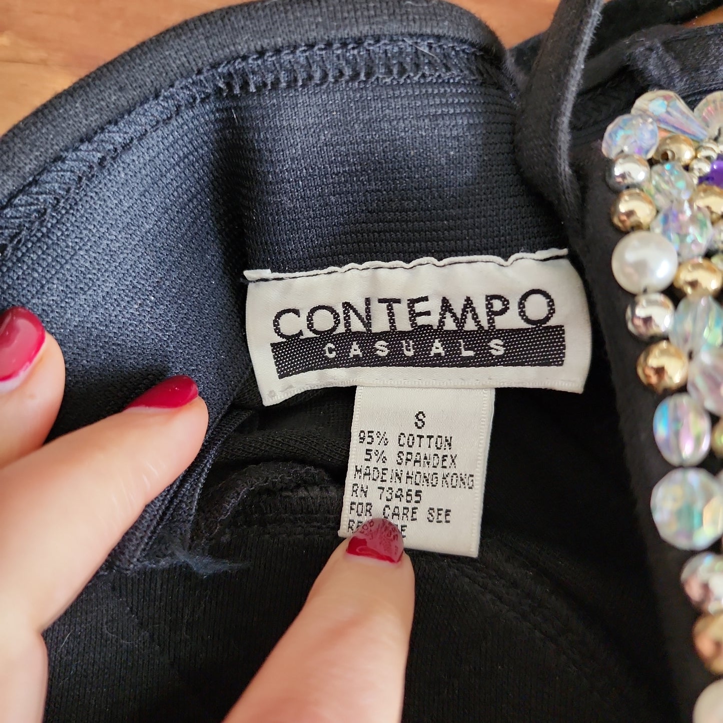 90s Bodycon Party Dress w/Beaded Bustier & Fingerless Gloves/ Stretchy Black Cotton w/Spaghetti Straps