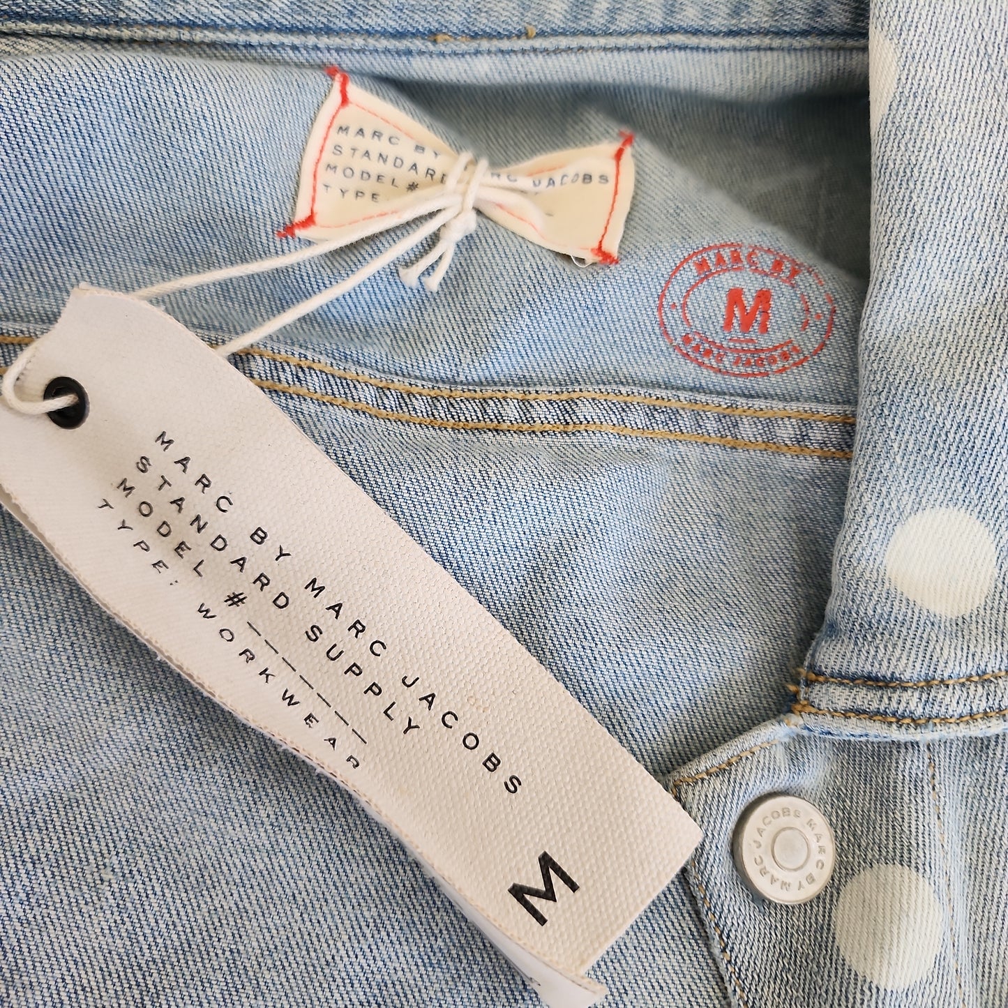 Distressed Denim Jacket Marc by Marc Jacobs, Blue w/White Polka Dots NWT / Med