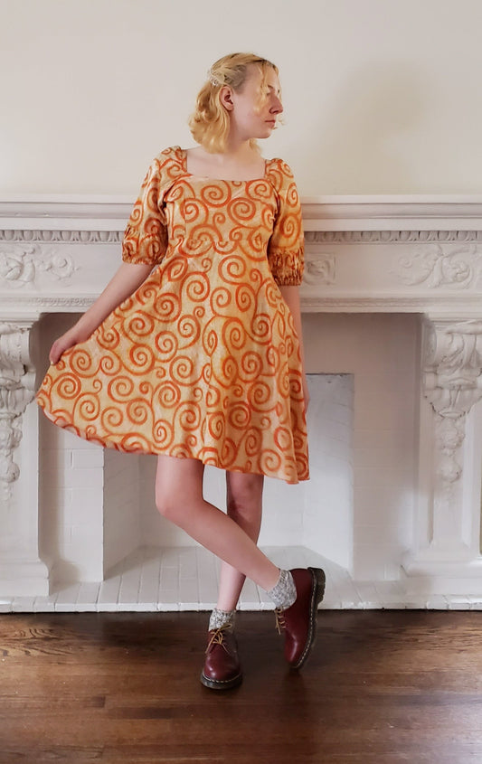 60s Cotton Print Summer Dress Orange Swirl Spiral Pattern Small
