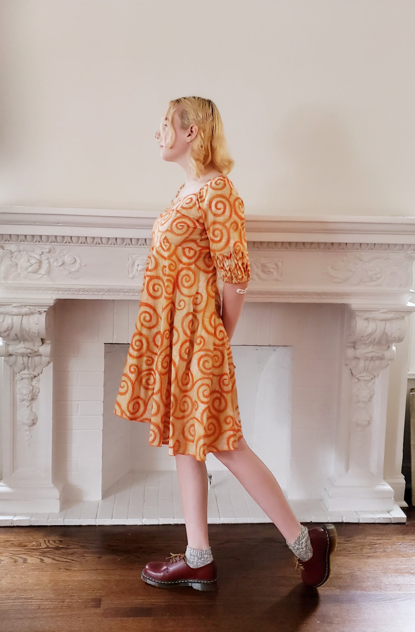 60s Cotton Print Summer Dress Orange Swirl Spiral Pattern Small