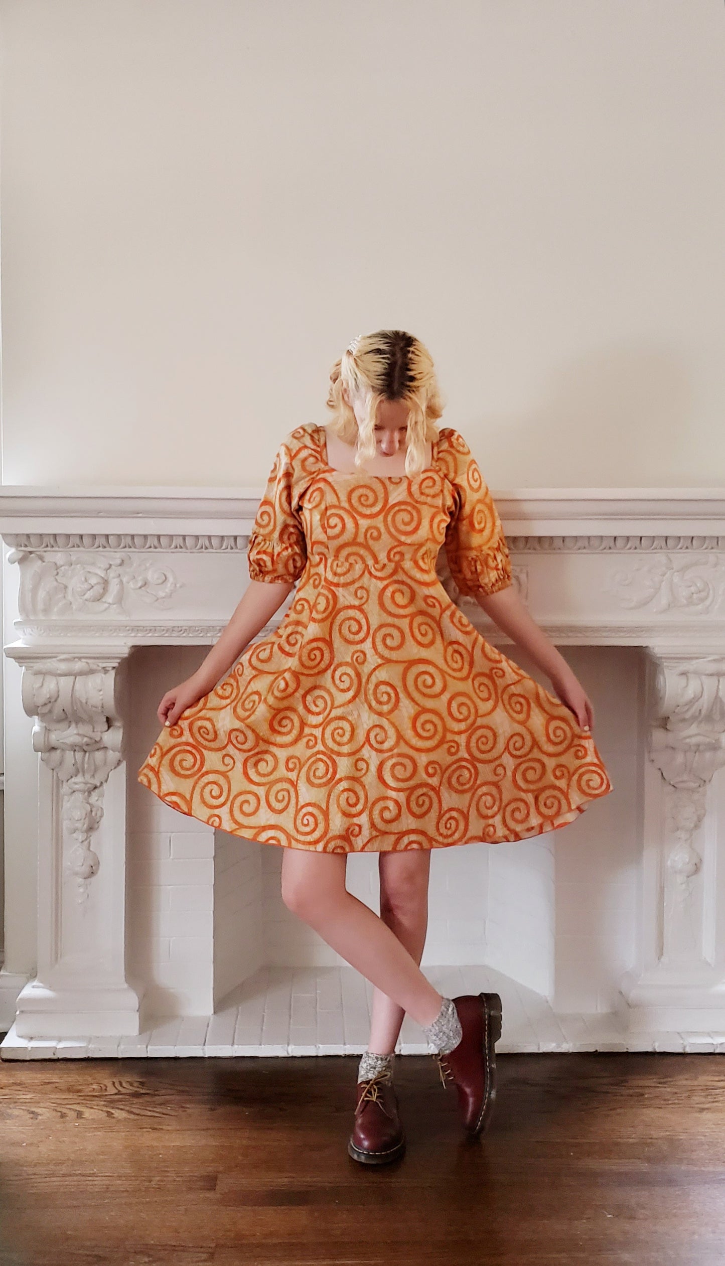 60s Cotton Print Summer Dress Orange Swirl Spiral Pattern Small