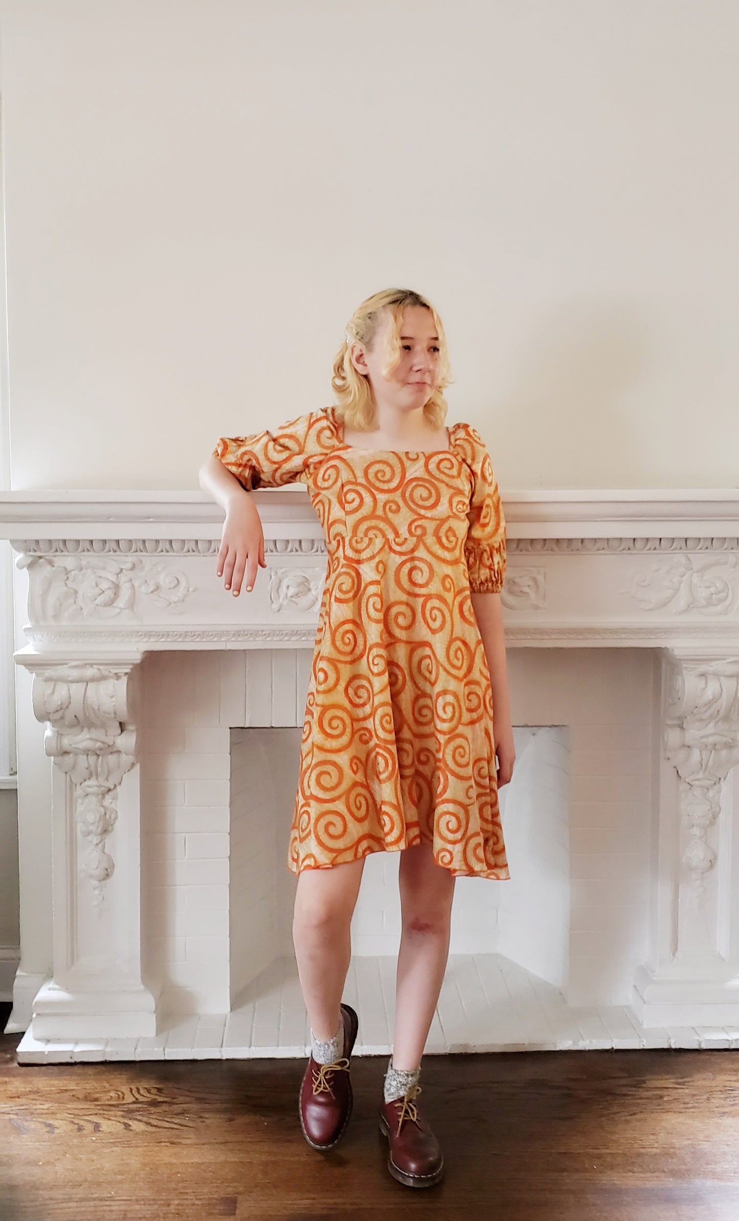 60s Cotton Print Summer Dress Orange Swirl Spiral Pattern Small