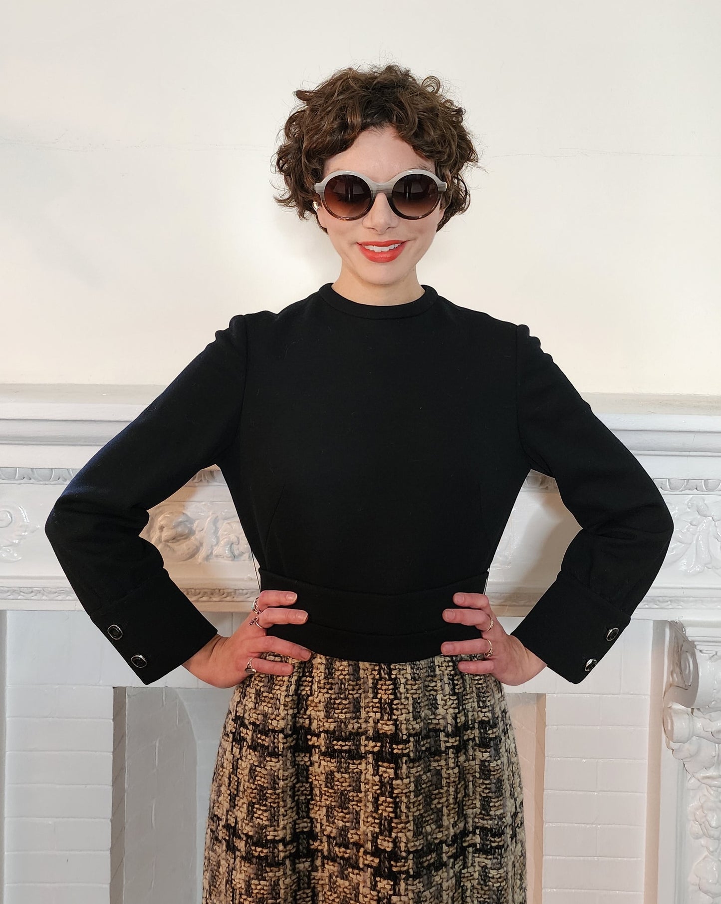 1960s Mod Dress in Black & Gray Plaid with Long Sleeves Large
