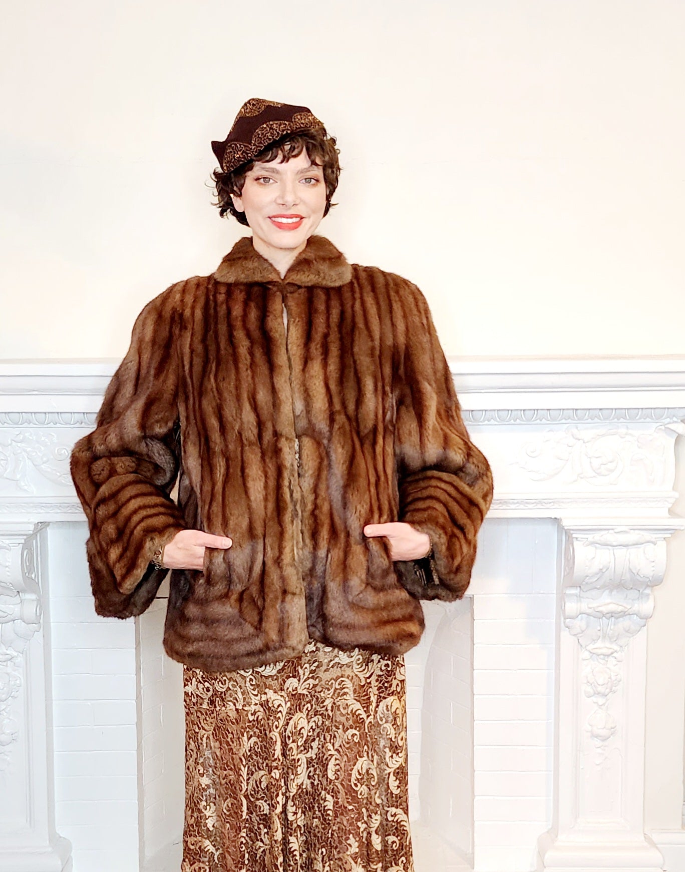1940s Brown Fur Jacket Convertible Wrap Stole / M