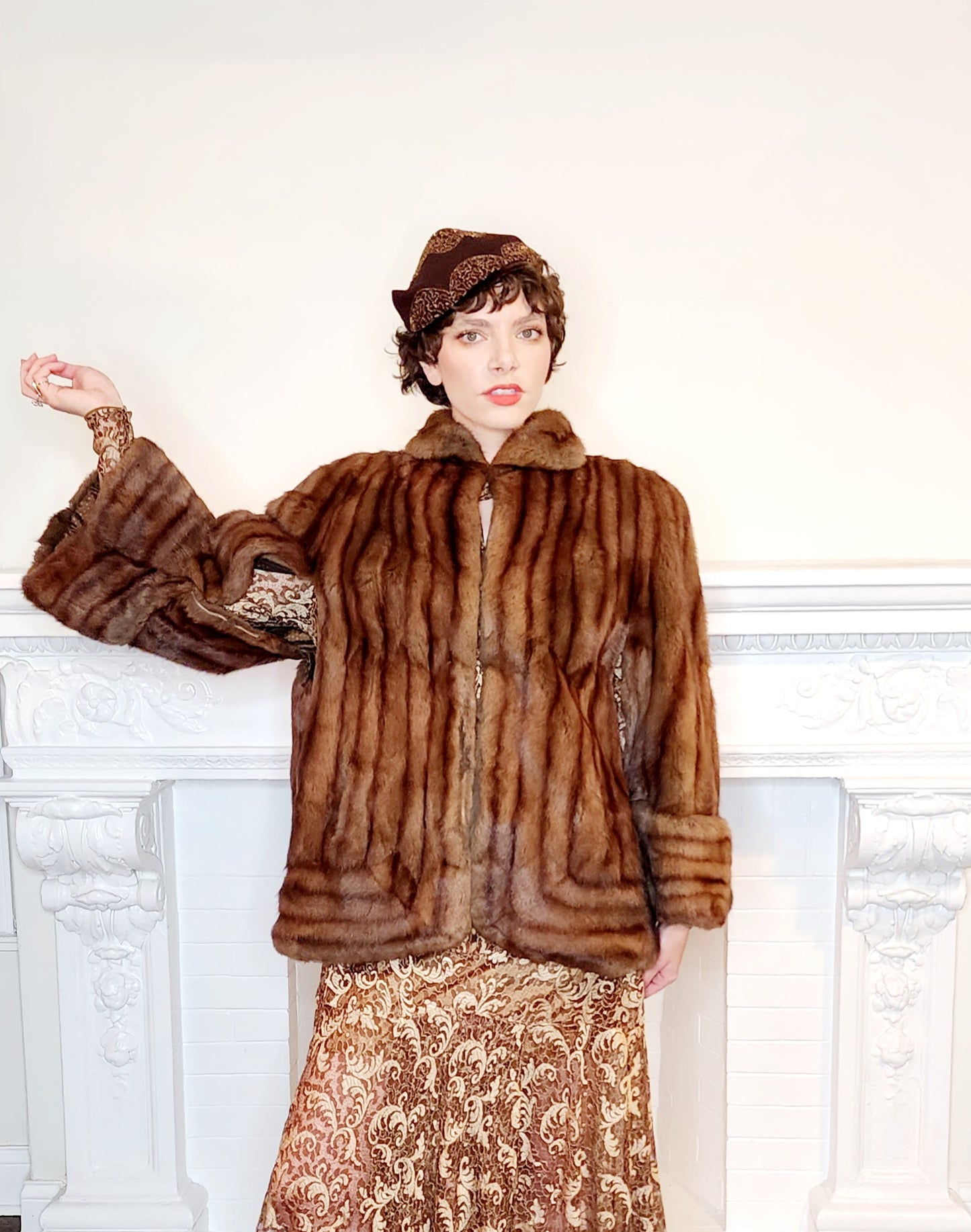 1940s Brown Fur Jacket Convertible Wrap Stole / M