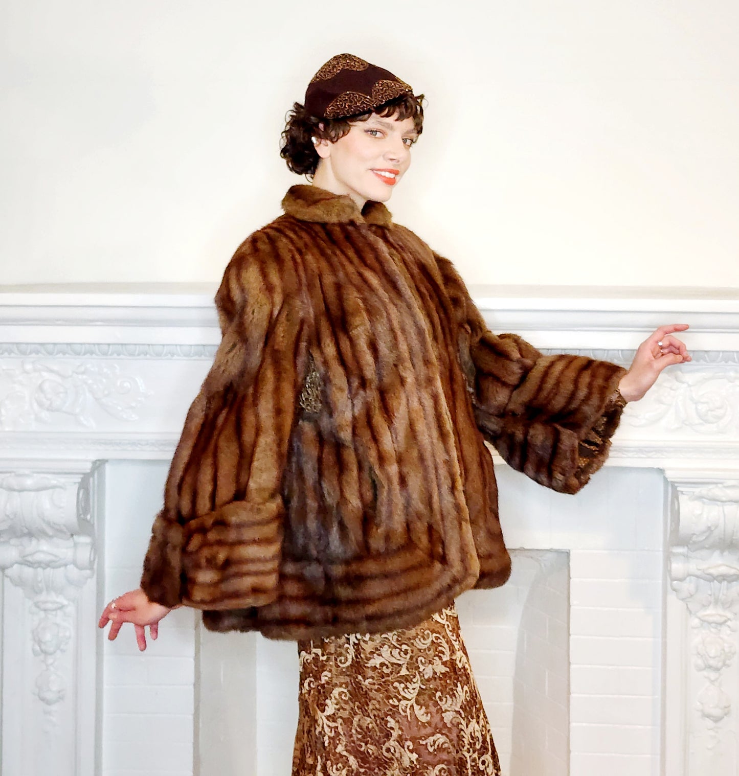 1940s Brown Fur Jacket Convertible Wrap Stole / M