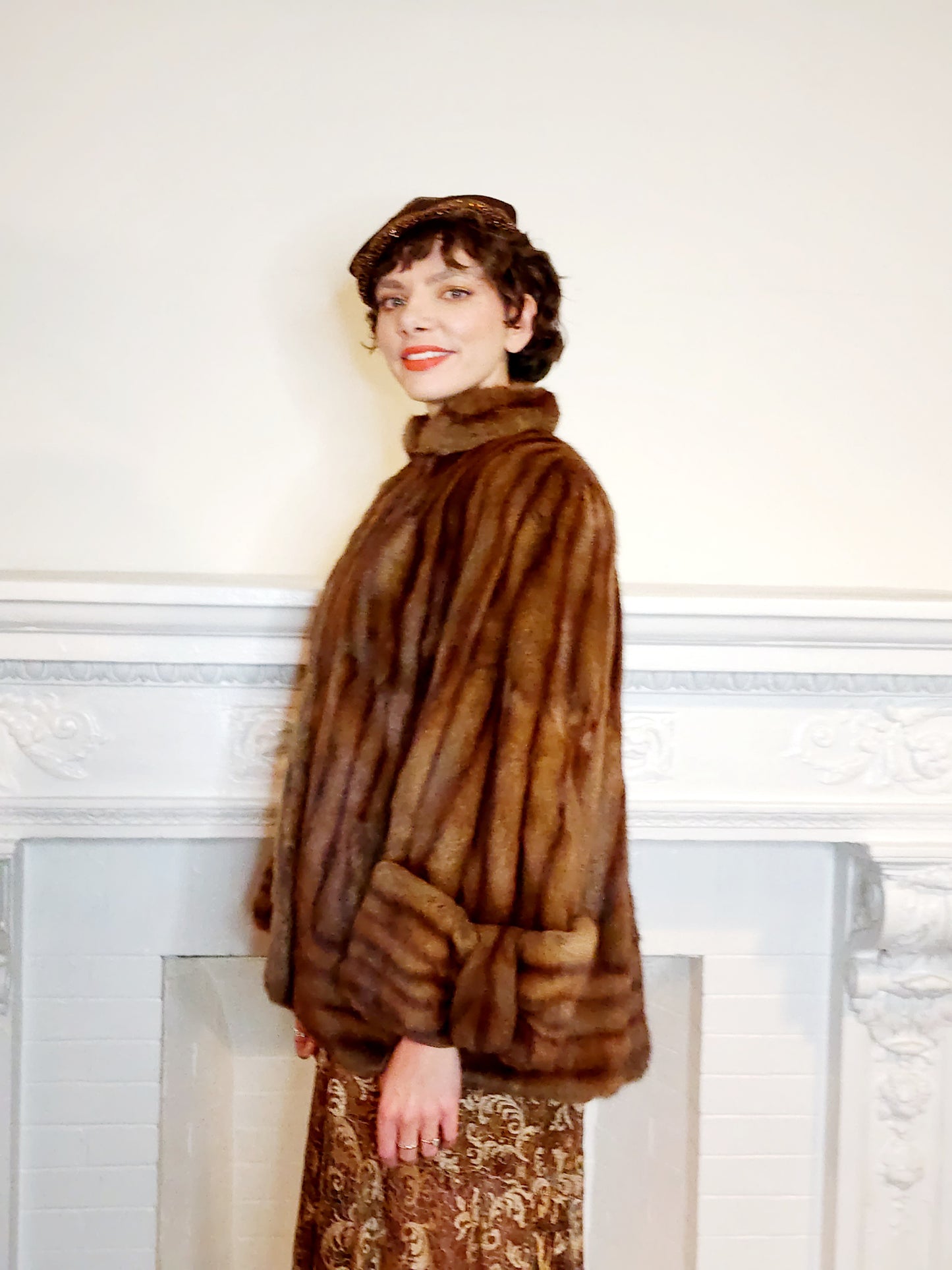 1940s Brown Fur Jacket Convertible Wrap Stole / M
