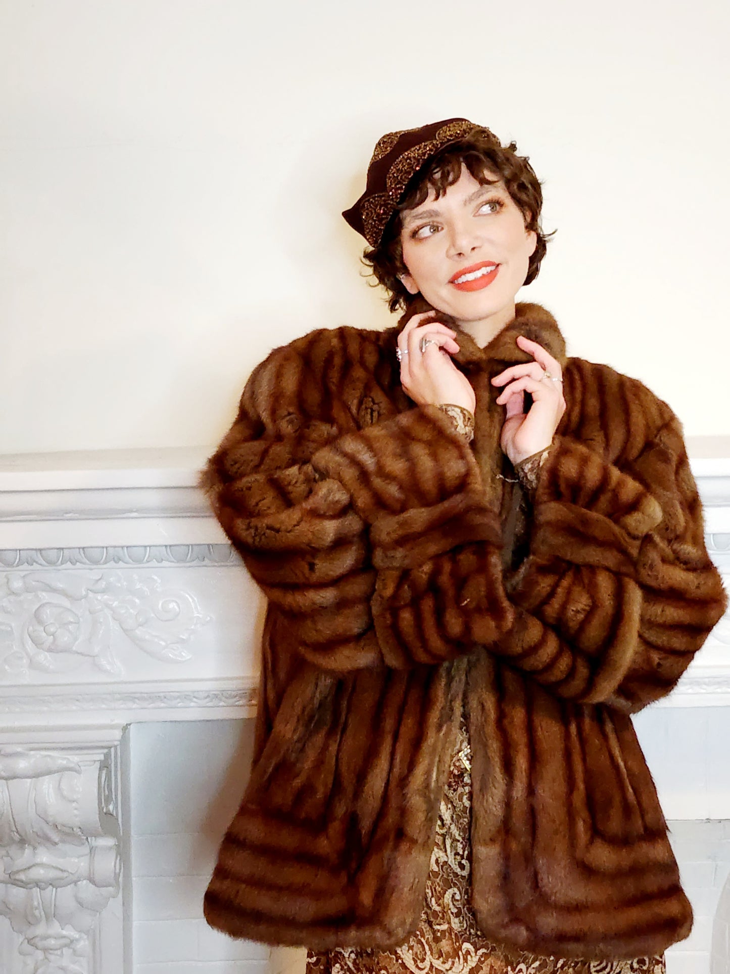 1940s Brown Fur Jacket Convertible Wrap Stole / M