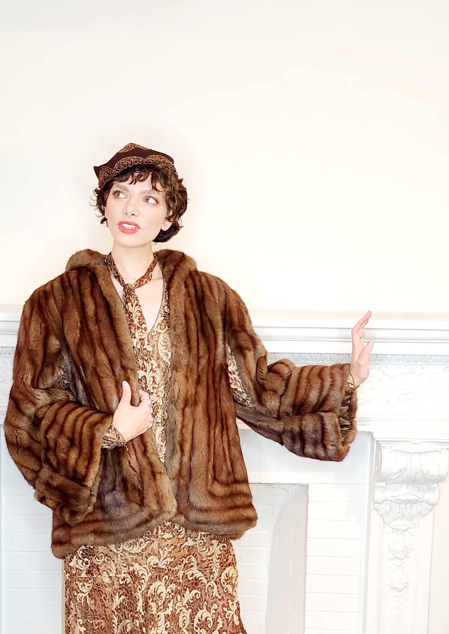 1940s Brown Fur Jacket Convertible Wrap Stole / M