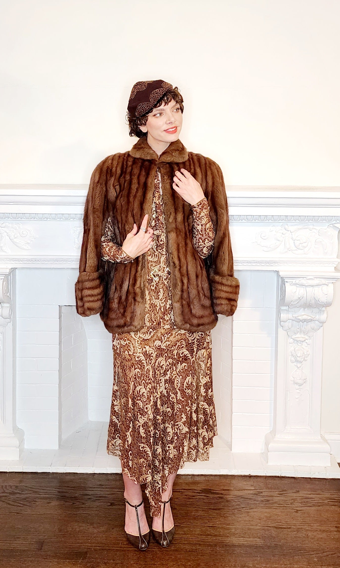 1940s Brown Fur Jacket Convertible Wrap Stole / M