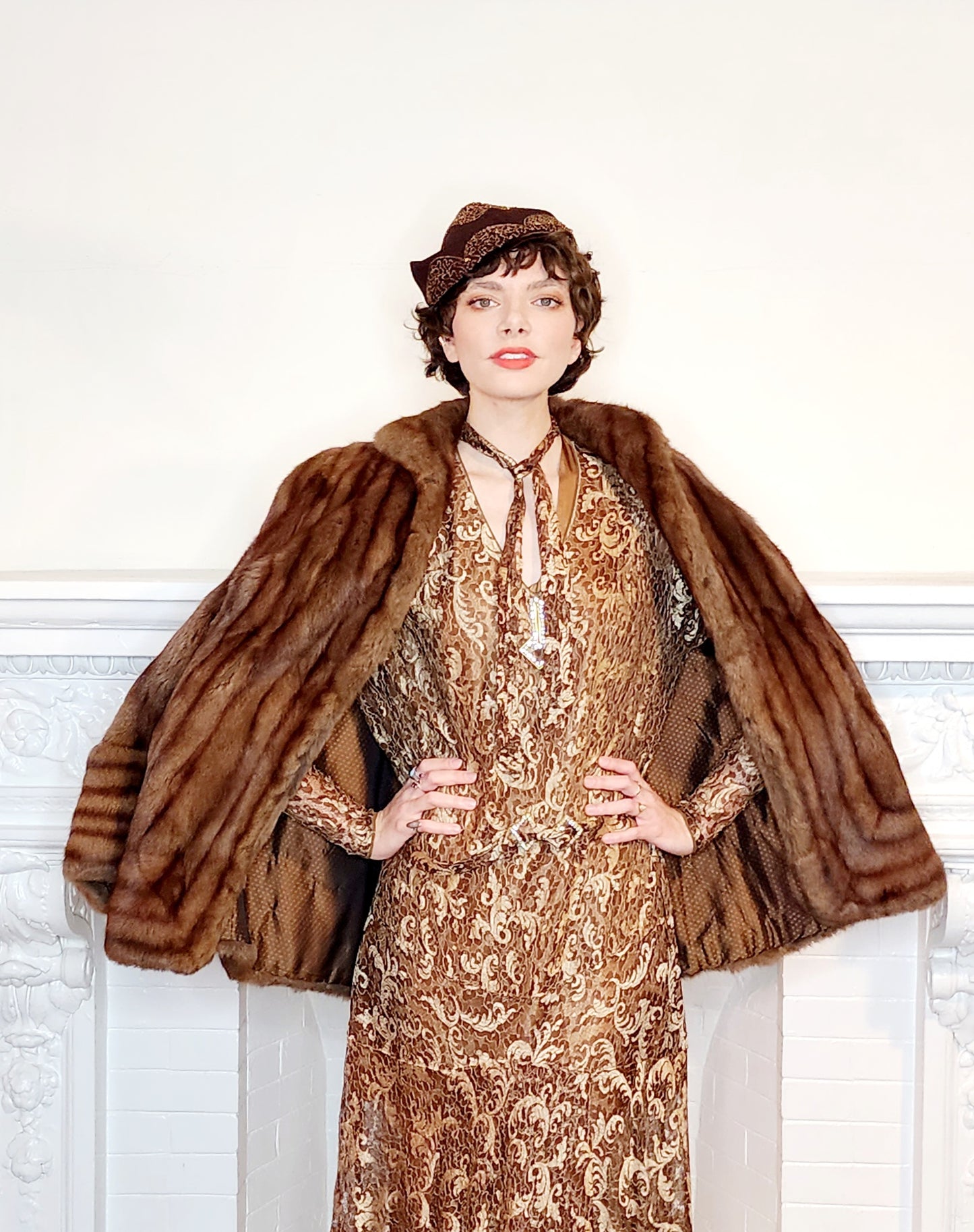 1940s Brown Fur Jacket Convertible Wrap Stole / M