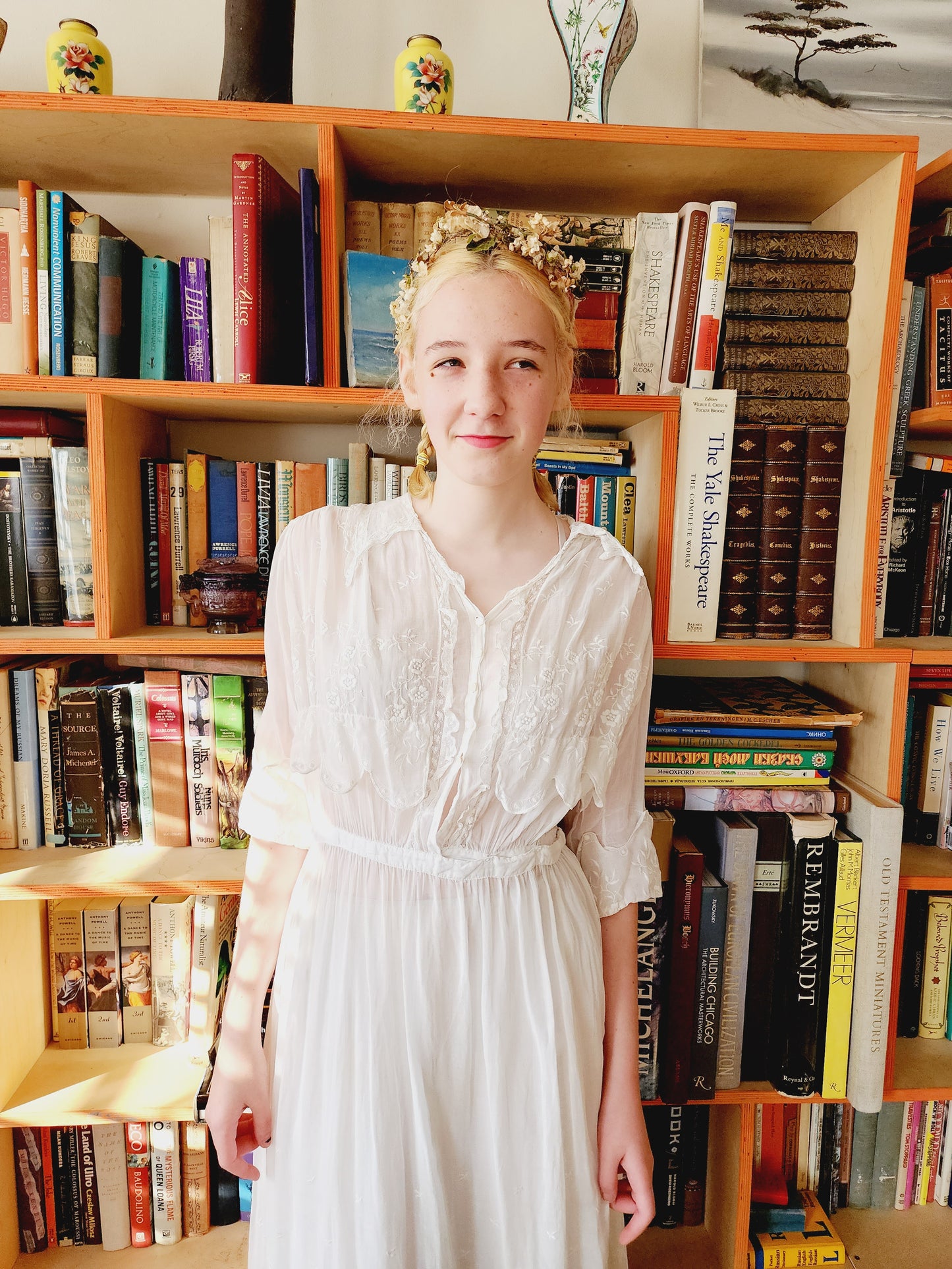 1910s White Cotton Lawn Dress Edwardian Tea Frock Floral Embroidery Lace Small