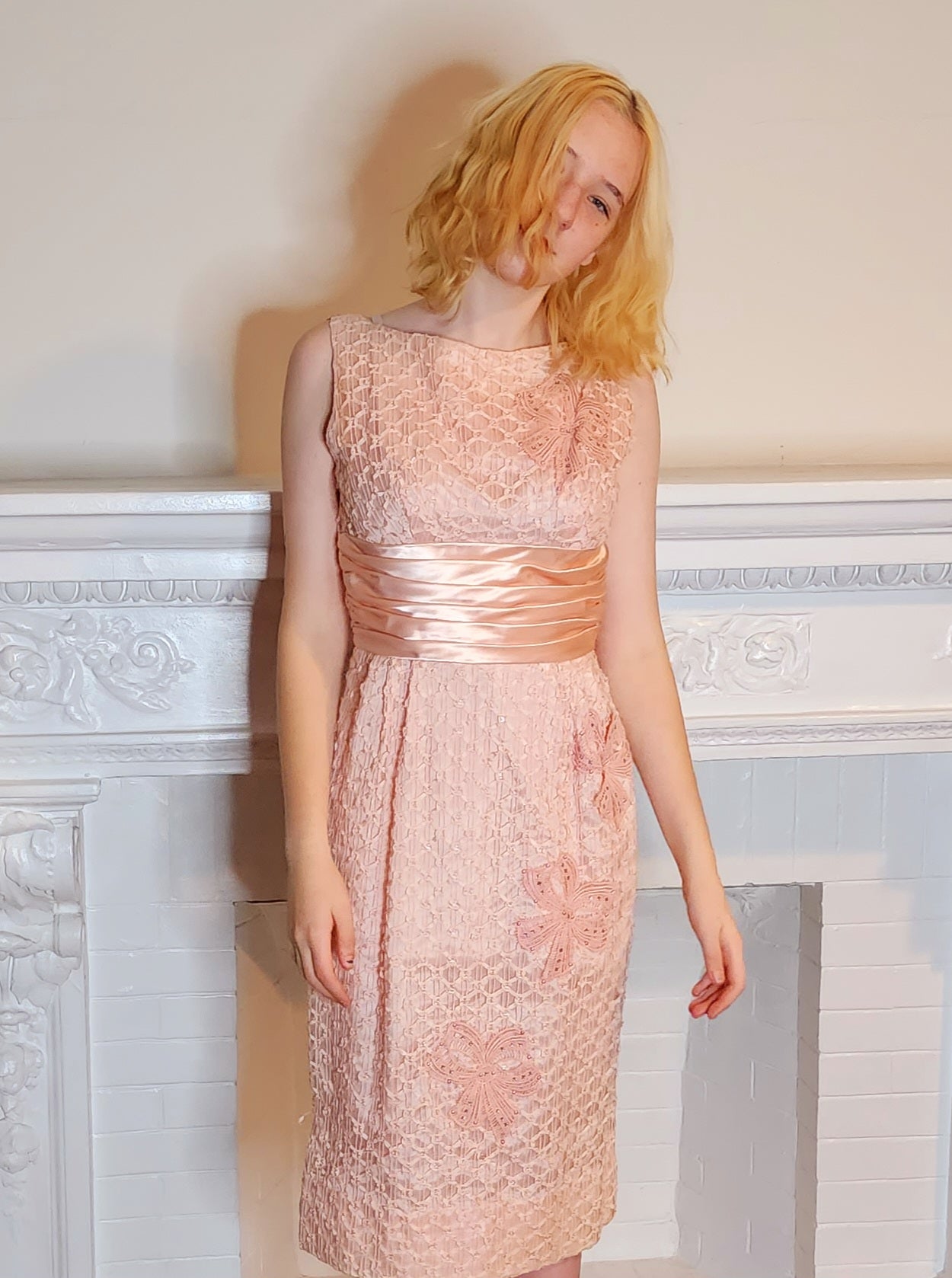 60s Barbie Pink Cocktail Dress Ribbon Lace & Rhinestones Sleeveless Party Frock S