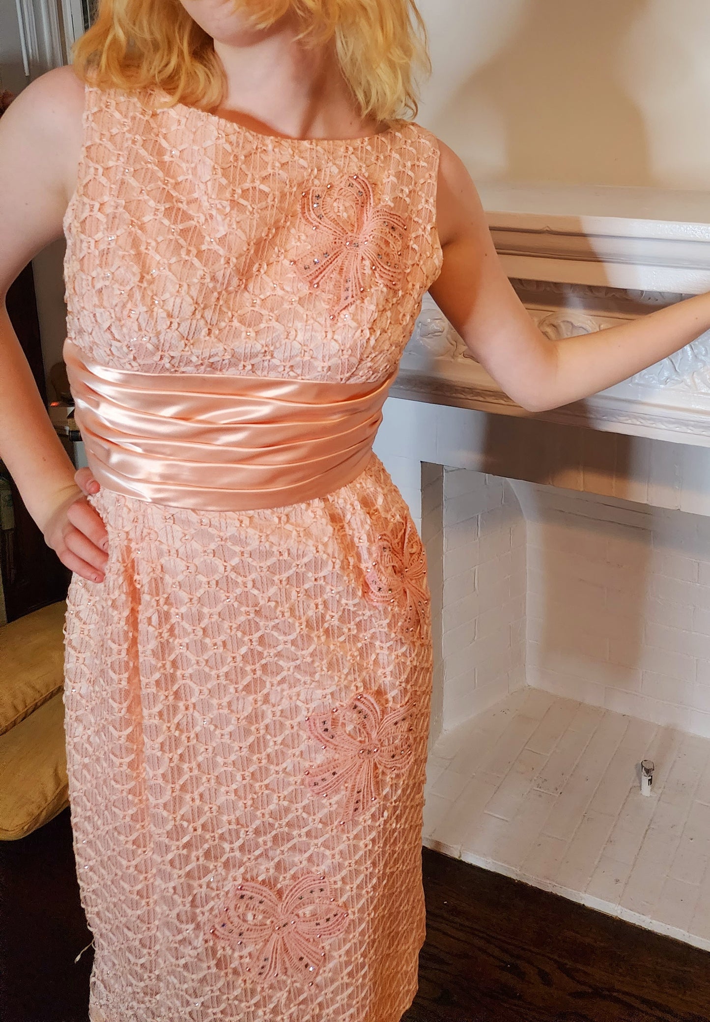 60s Barbie Pink Cocktail Dress Ribbon Lace & Rhinestones Sleeveless Party Frock S