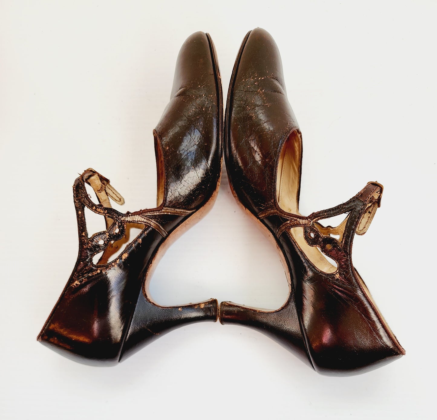 1920s Brown Leather Shoes Mary Janes High Heel Flapper Shoes