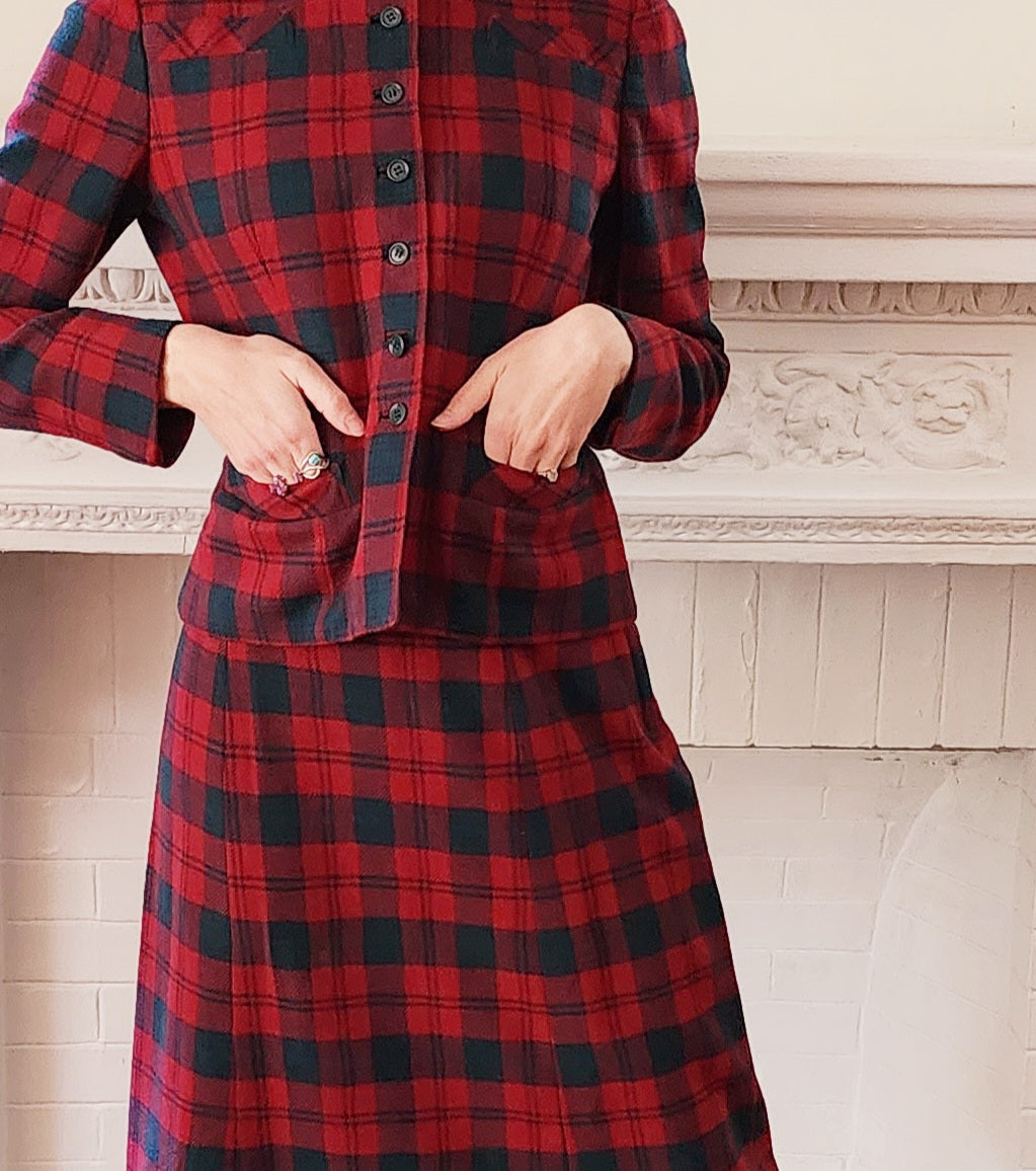 40s 50s Red Plaid Skirt Suit Best & Co. by Bardley Lindsay Tartan Small