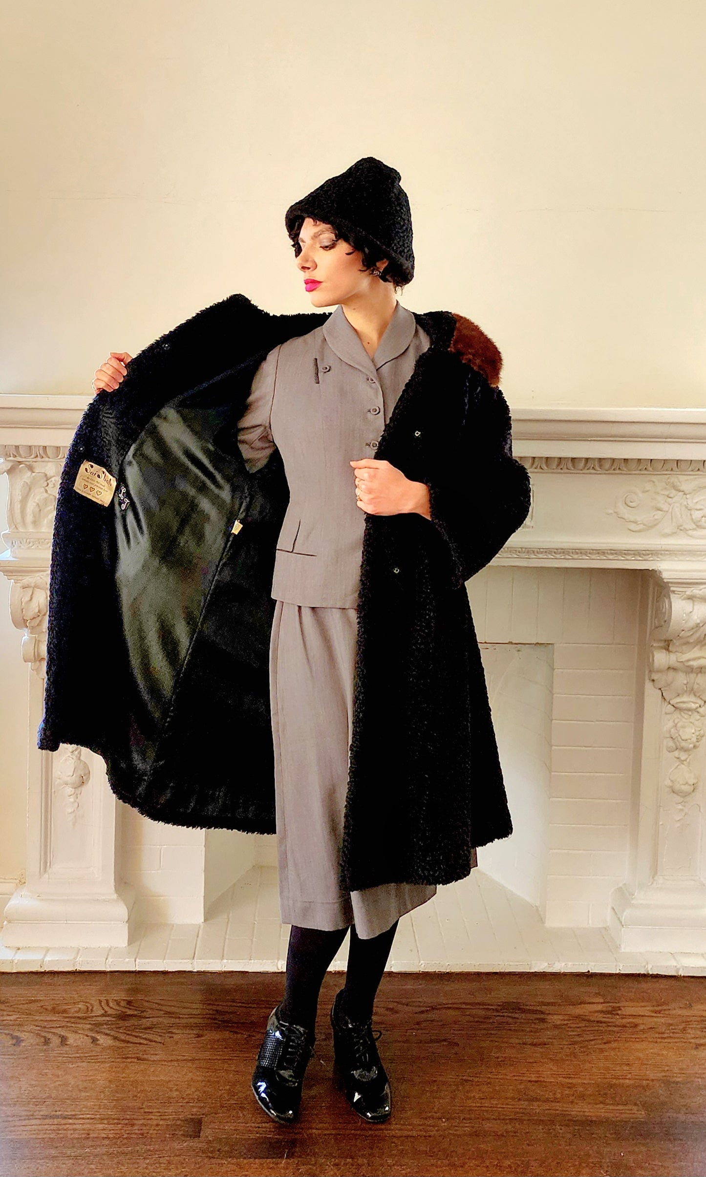 60s Black Coat in Faux Persian Curly Wool by Sai Shai & Brown Mink Collar Howard Lyon Inc