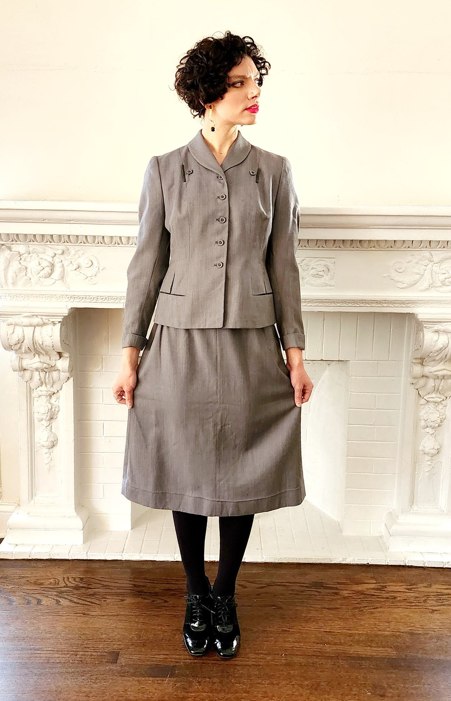 1940s Gray Wool Skirt Suit Blazer & Skirt Ensemble