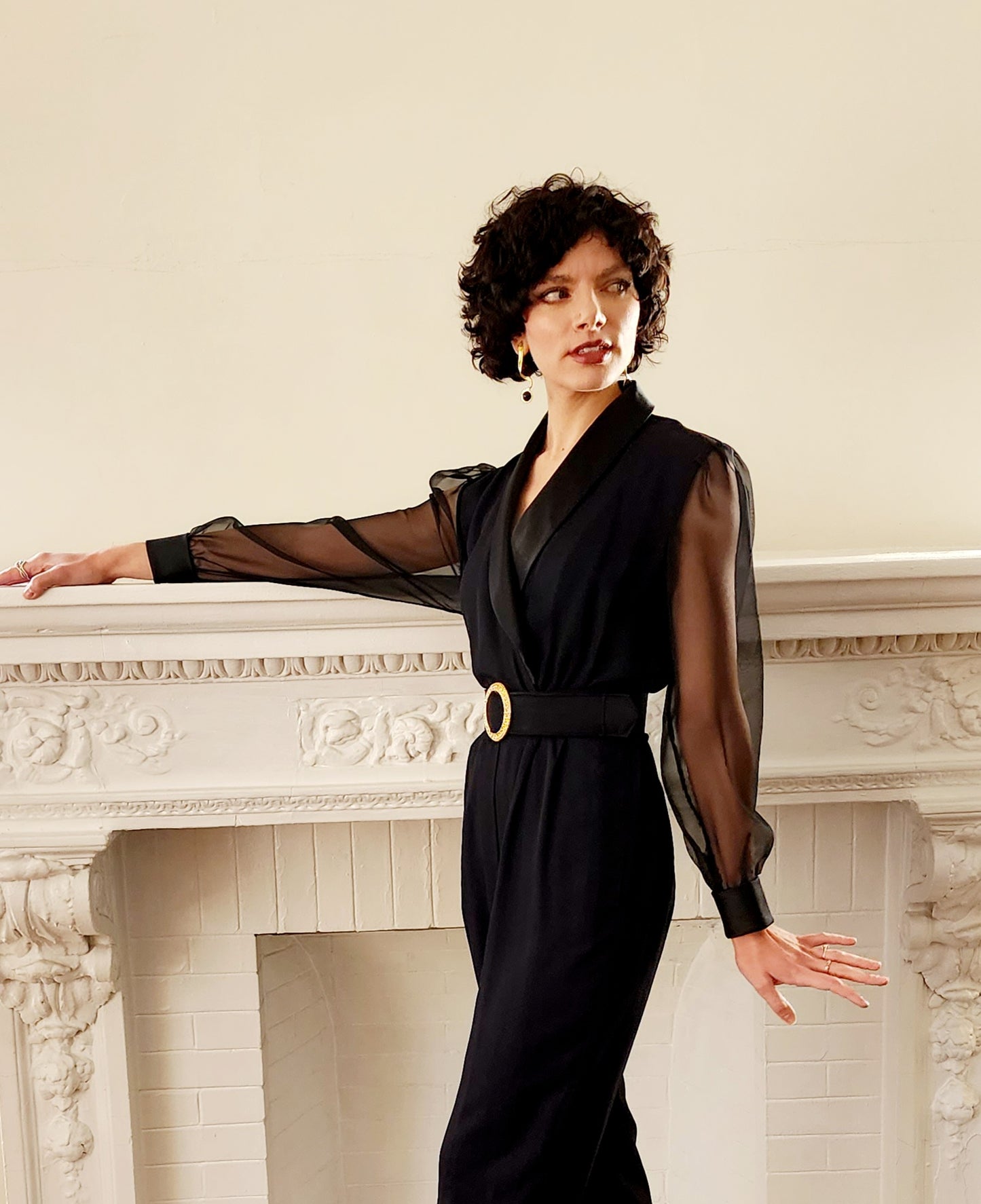 80s Black Jumpsuit with Long Sleeve Sheer Sleeves Gold Rhinestone Buckle Belt by J.R. Nites Small