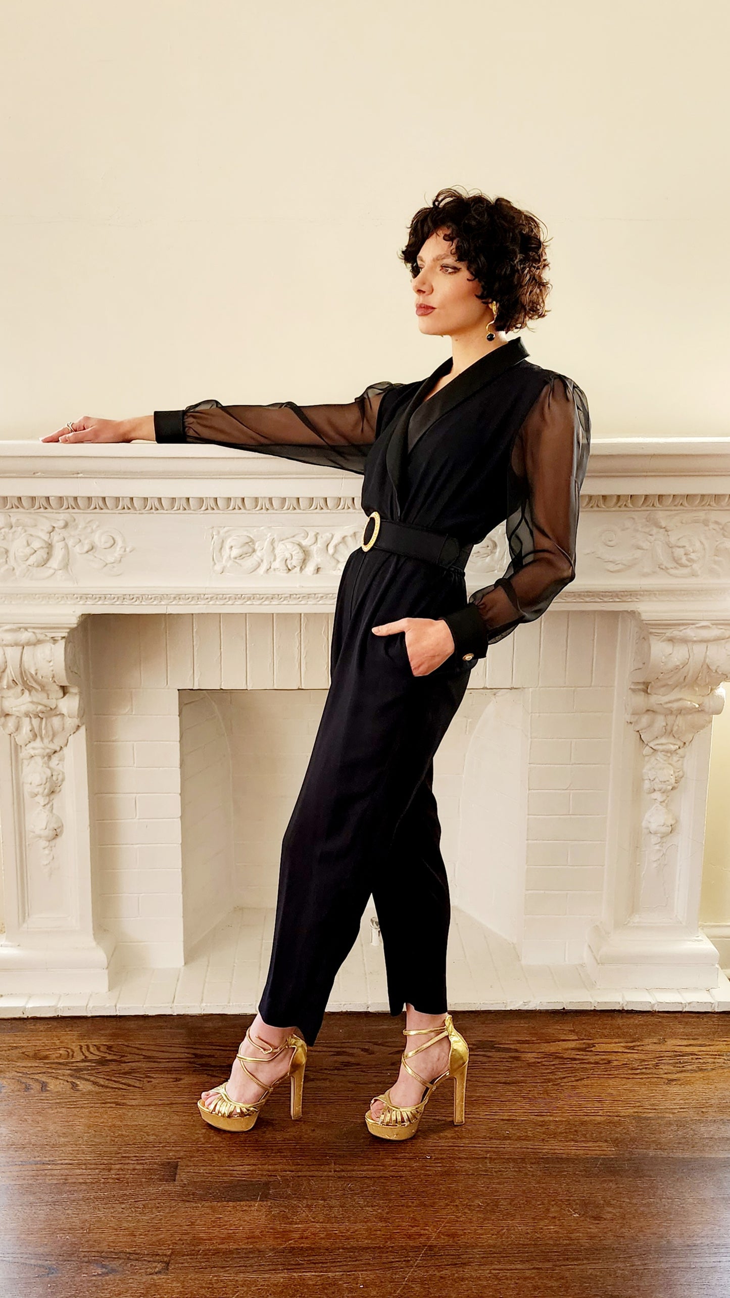 80s Black Jumpsuit with Long Sleeve Sheer Sleeves Gold Rhinestone Buckle Belt by J.R. Nites Small