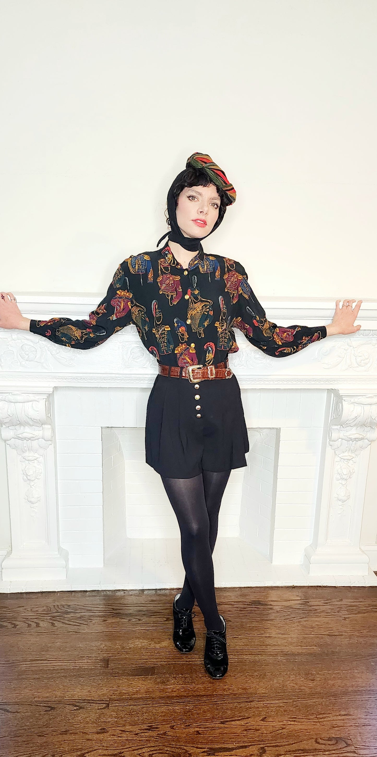 80s Liz Claiborne Long Sleeved Blouse Marching Band Print Dark Rayon M