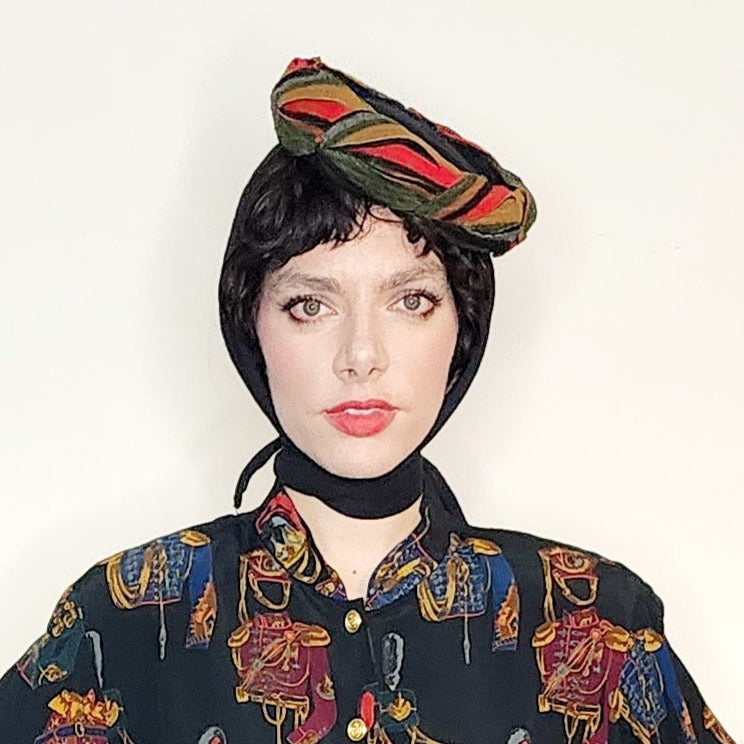 40s 50s Black Wool Scarf Panel Hat Colorful Twisted Braid Trim