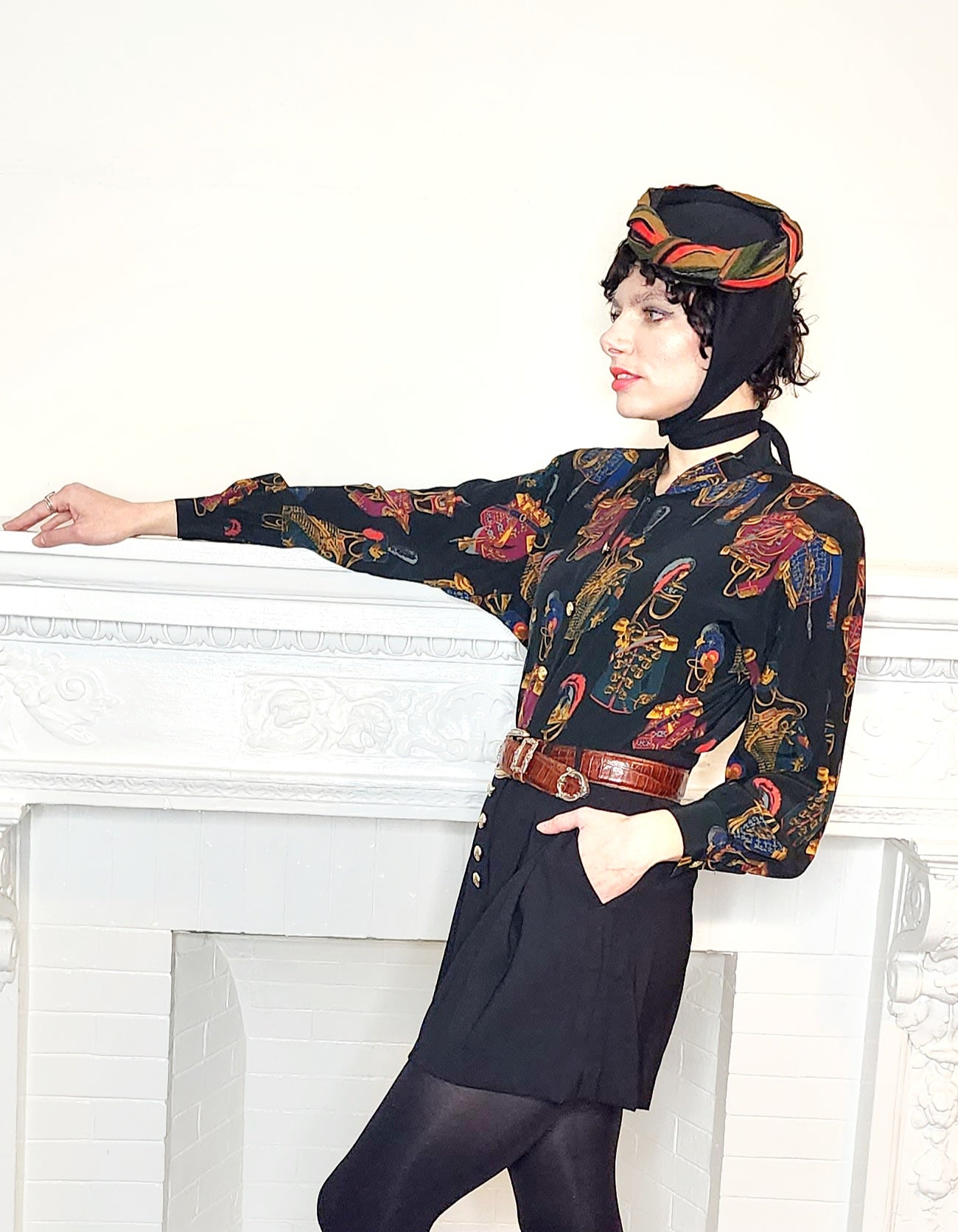 80s Liz Claiborne Long Sleeved Blouse Marching Band Print Dark Rayon M