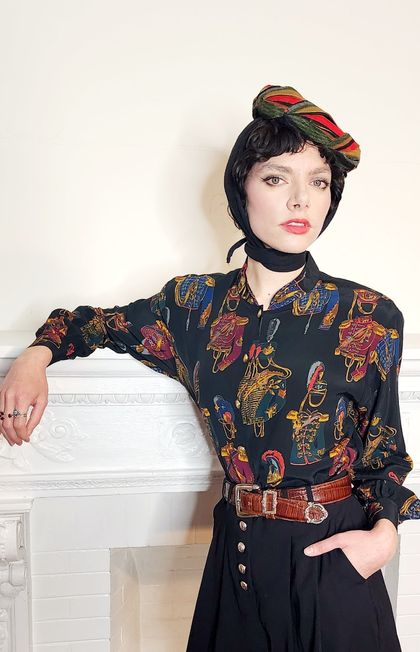 80s Liz Claiborne Long Sleeved Blouse Marching Band Print Dark Rayon M