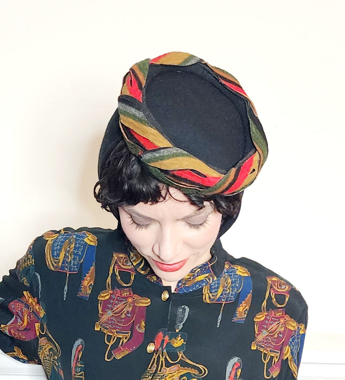 40s 50s Black Wool Scarf Panel Hat Colorful Twisted Braid Trim