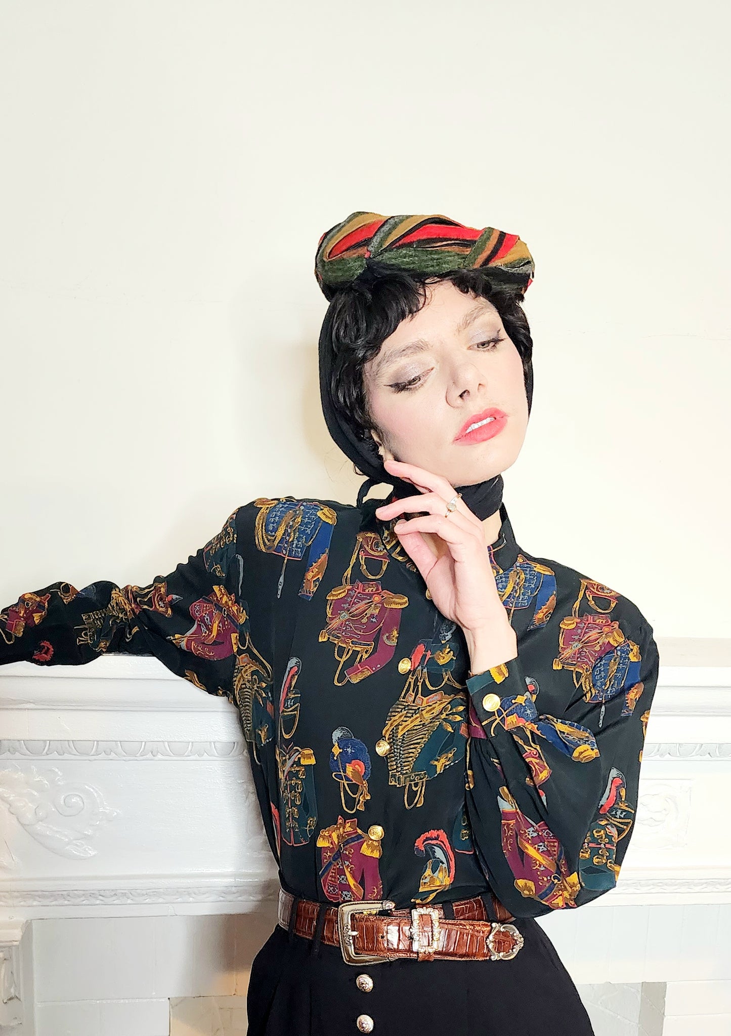 80s Liz Claiborne Long Sleeved Blouse Marching Band Print Dark Rayon M