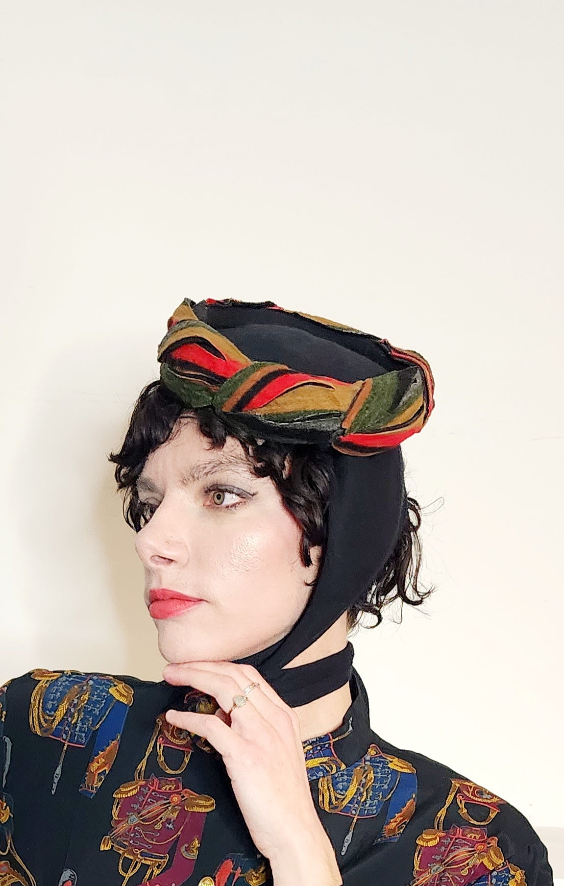 40s 50s Black Wool Scarf Panel Hat Colorful Twisted Braid Trim