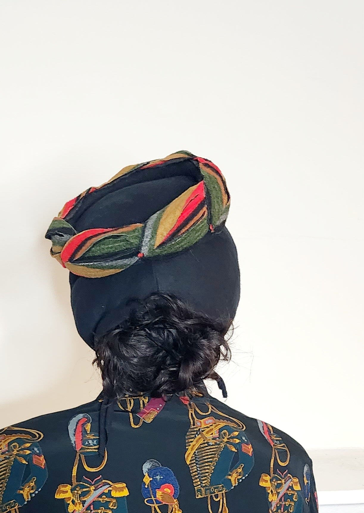 40s 50s Black Wool Scarf Panel Hat Colorful Twisted Braid Trim