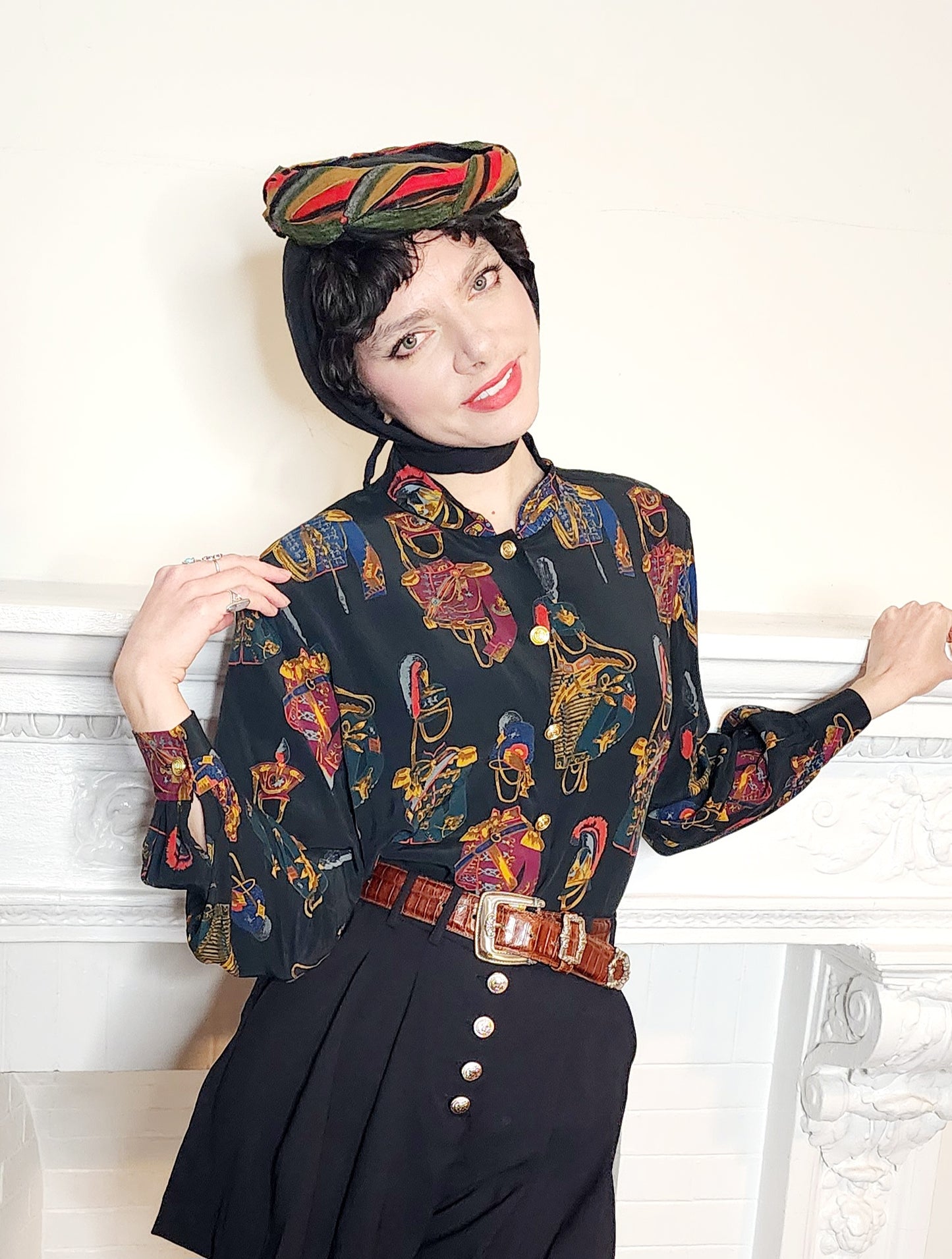 40s 50s Black Wool Scarf Panel Hat Colorful Twisted Braid Trim