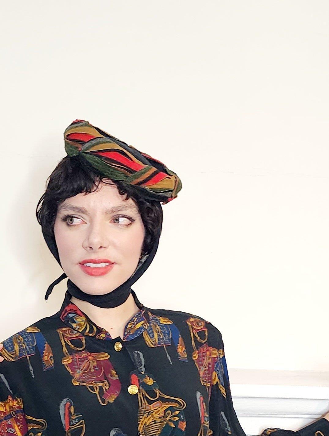 40s 50s Black Wool Scarf Panel Hat Colorful Twisted Braid Trim