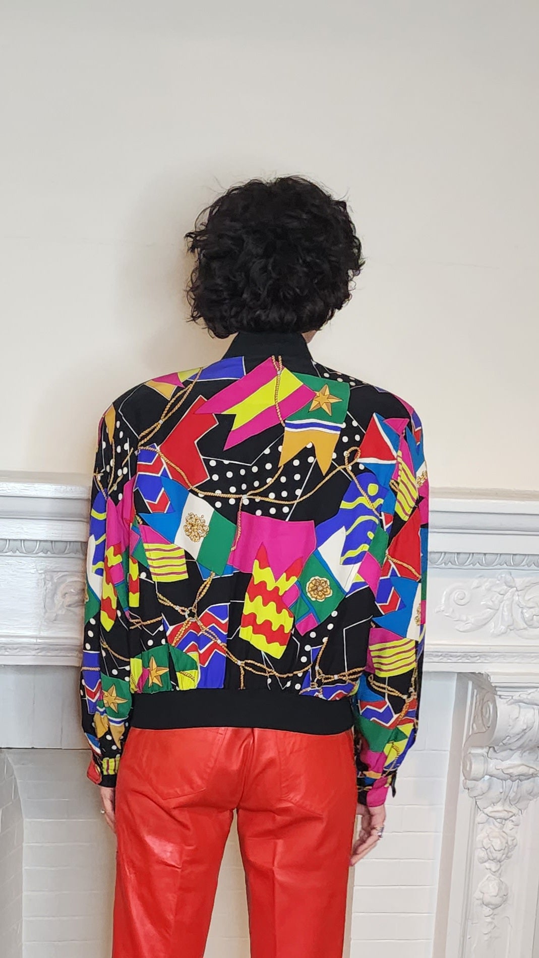 90s Colorful Graphic Silk Print Jacket Dana Buchman Large