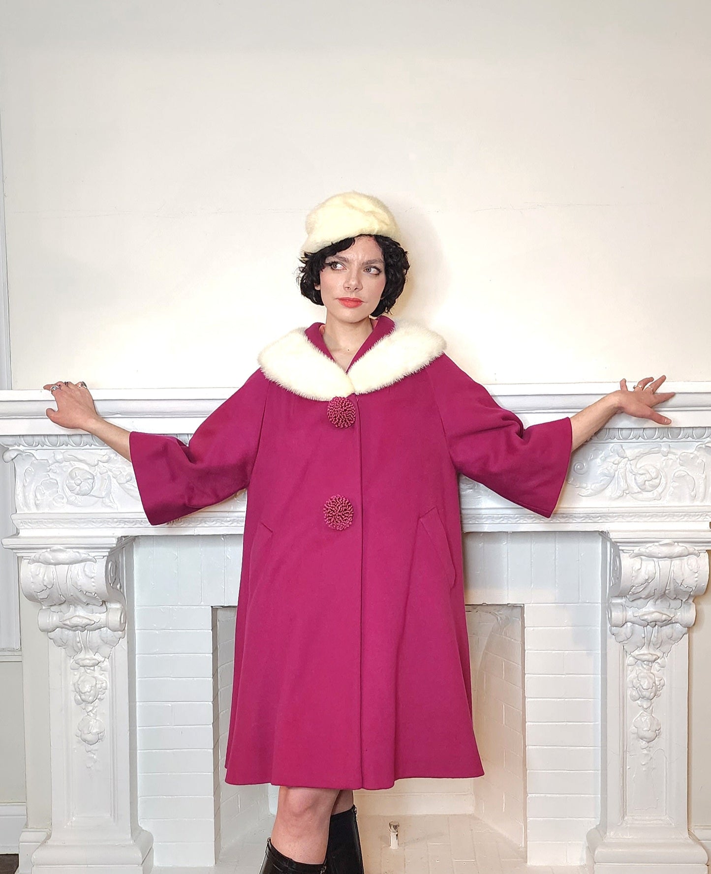 60s Lilli Ann Coat Fuschia Pink Wool White Mink Fur Collar A Line Large