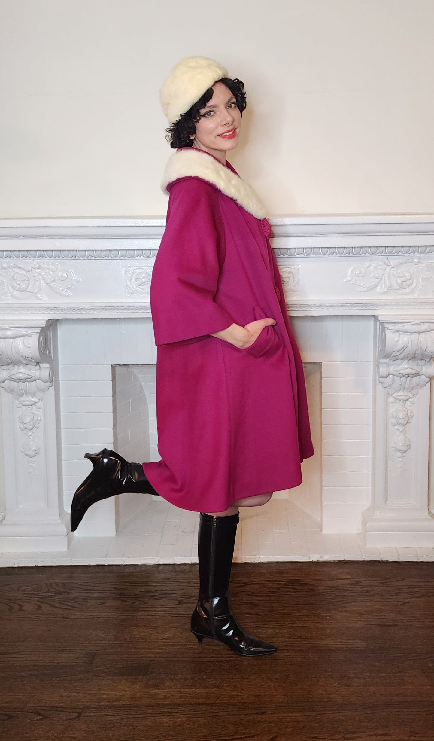 60s Lilli Ann Coat Fuschia Pink Wool White Mink Fur Collar A Line Large