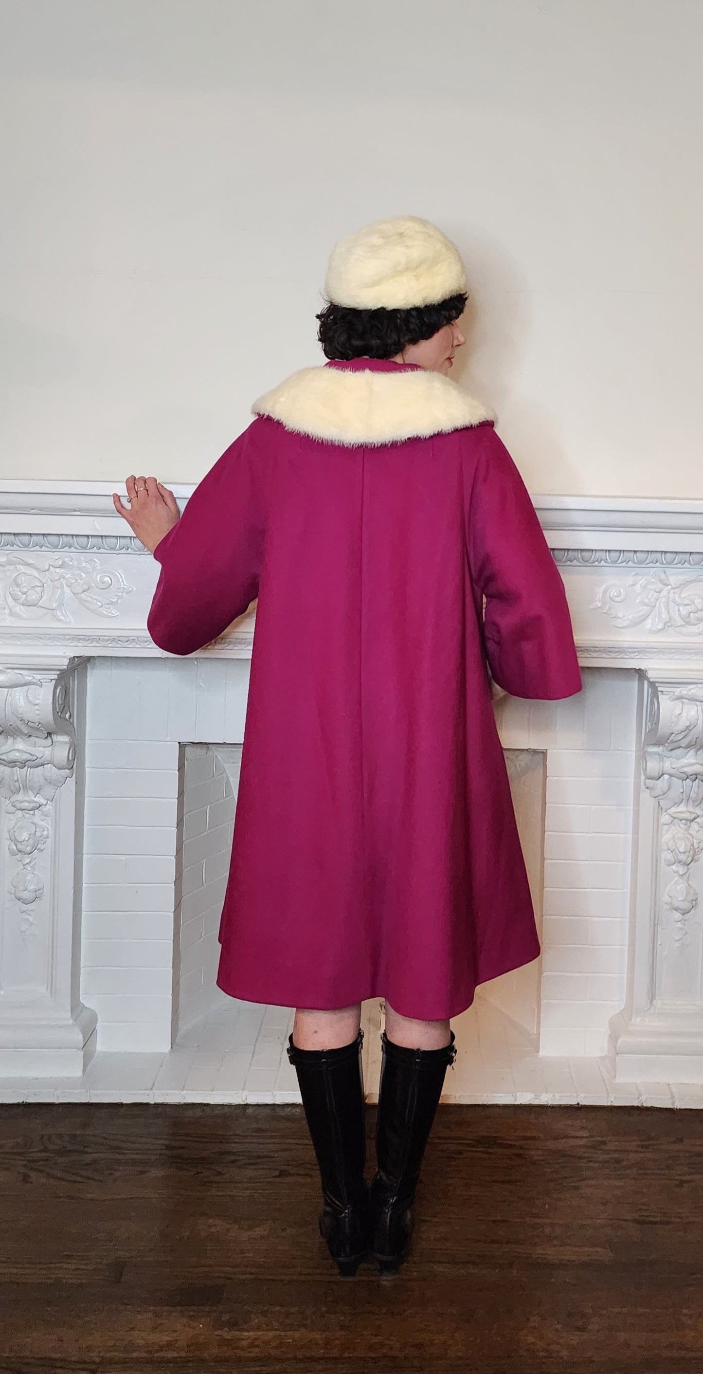 60s Lilli Ann Coat Fuschia Pink Wool White Mink Fur Collar A Line Large