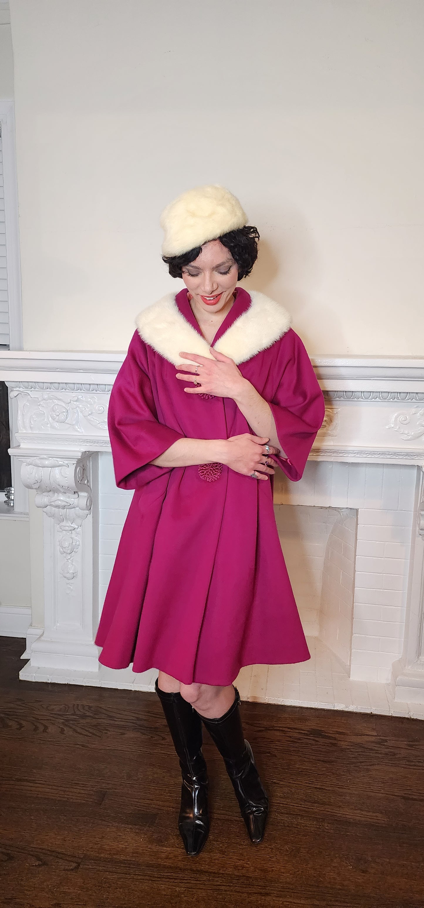 60s Lilli Ann Coat Fuschia Pink Wool White Mink Fur Collar A Line Large