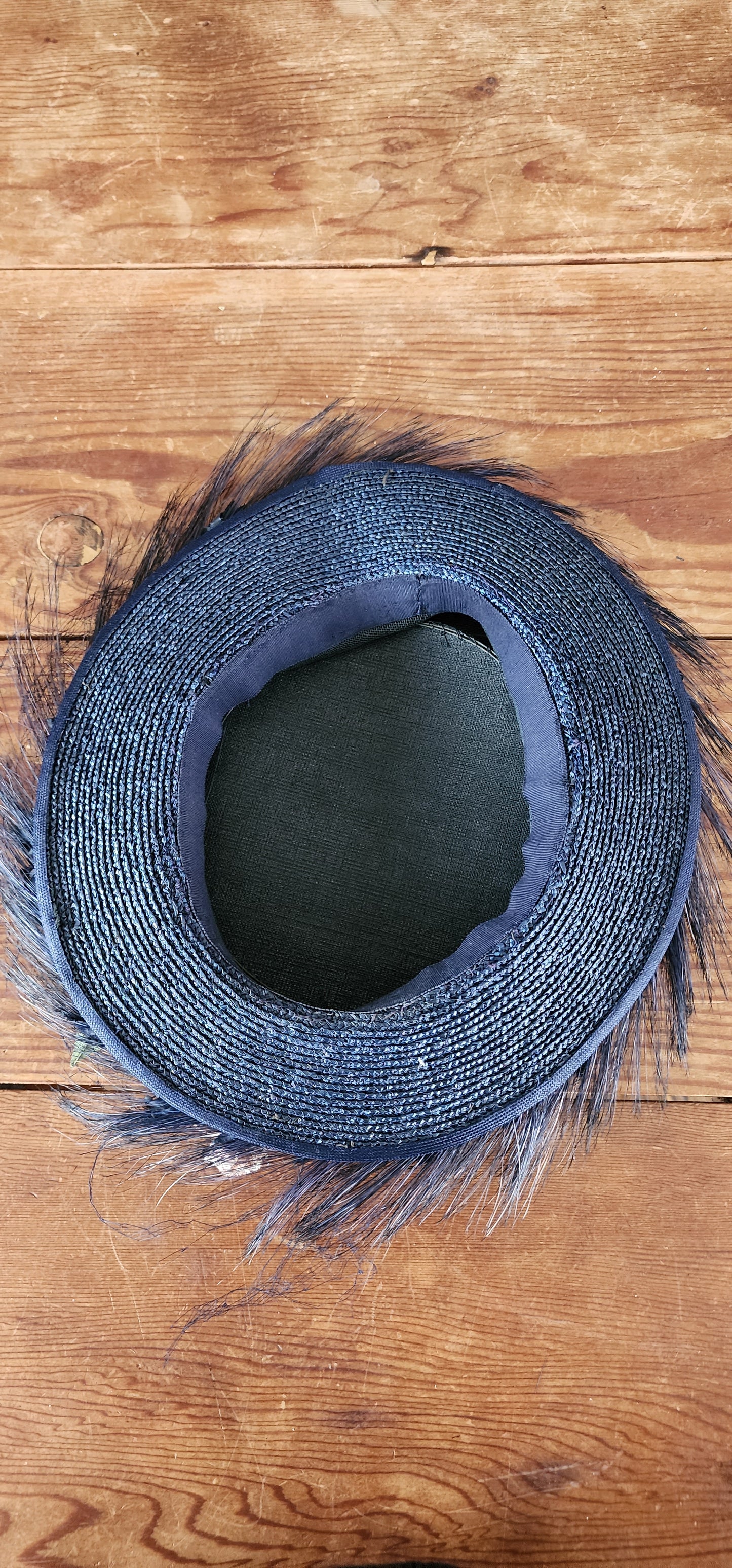 50s Navy Blue Straw Flat Top Hat Black Horse Hair Quills & Cream Flowers Shabby Chic