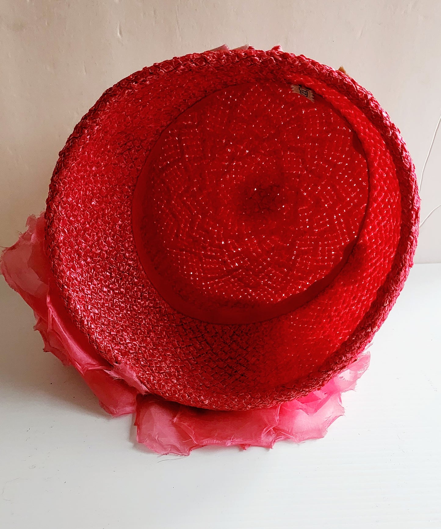 60s Pink Straw Bucket Hat Large Flowers Fuschia Spring Summer Garden Party